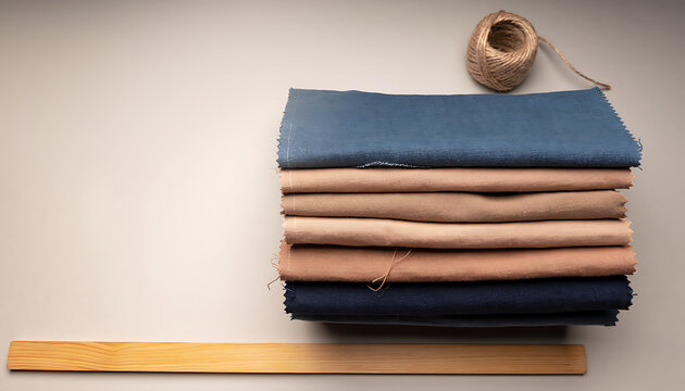 Folded Fabric Swatches Stacked Neatly with Measuring Tool and Twine Spool