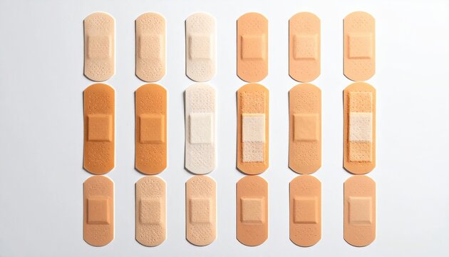 Medical adhesive bandages arranged neatly on white background