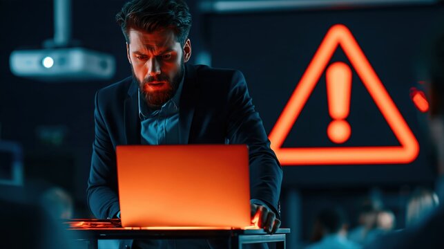A business professional at a conference struggles with a laptop error during a presentation. The large warning symbol on the screen highlights a stressful tech issue.