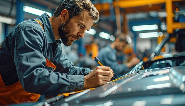Automotive quality inspector measuring metal body panel