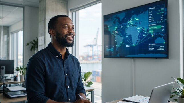 iron ore production chain Logistics manager reviews global shipping routes and cargo status on a digital display