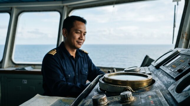 iron ore production chain Ship Captain Navigates Vessel at Sea with Compass and Controls