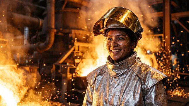 iron ore production chain Steel mill worker smiles amidst molten metal and sparks in a blast furnace environment