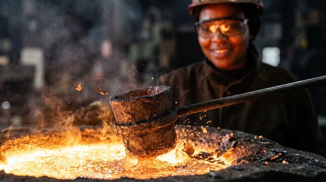 iron ore production chain Steel mill worker pours molten metal from crucible into furnace for smelting process