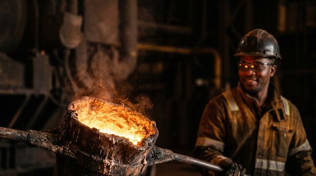 iron ore production chain Steel mill worker oversees molten metal in a ladle at a smelting facility