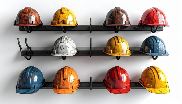 Wall mounted hard hat rack with multiple hooks isolated on white background