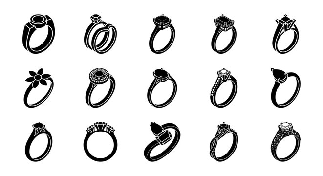 Isometric jewelry ring icons set, black engagement and wedding rings collection, 15 vector diamond ring illustrations for luxury retail