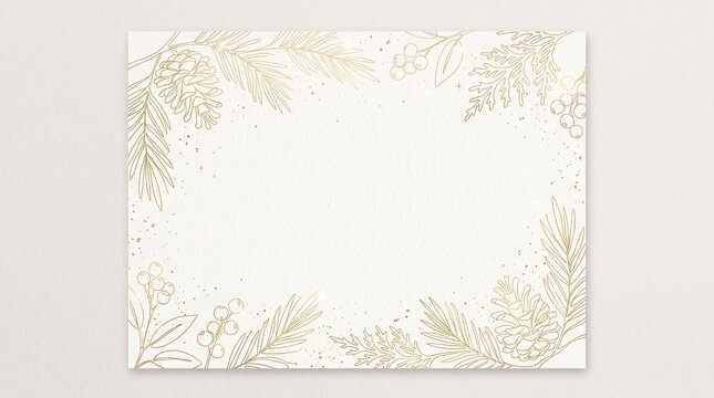 Elegant Christmas and New Year greeting card background frame with golden line art pine branches, pinecones, and berries on textured white paper