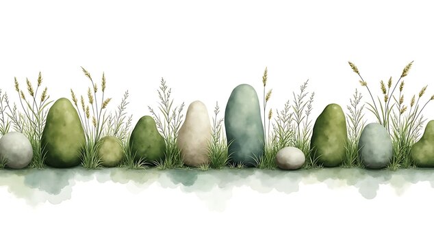 Seamless border with smooth river stones and wild green grass in a natural garden landscape