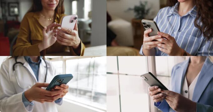 Collage cropped view of four unrecognizable professional women from different professions using smartphones. Connection, digital communication, technology integration into daily work and personal life