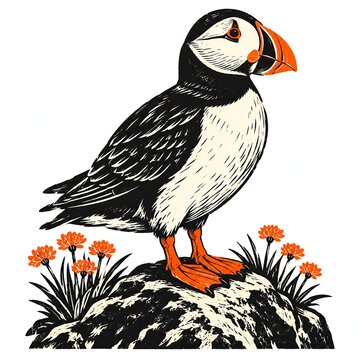 Puffin Standing on Sea Rock with Thrift Linocut Style Art