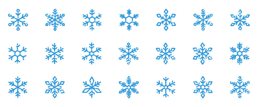 Set of blue snowflake icons with distressed texture. Vector illustration