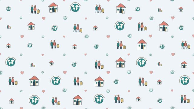 Migrants Day Pattern with People and Homes Seamless Loop