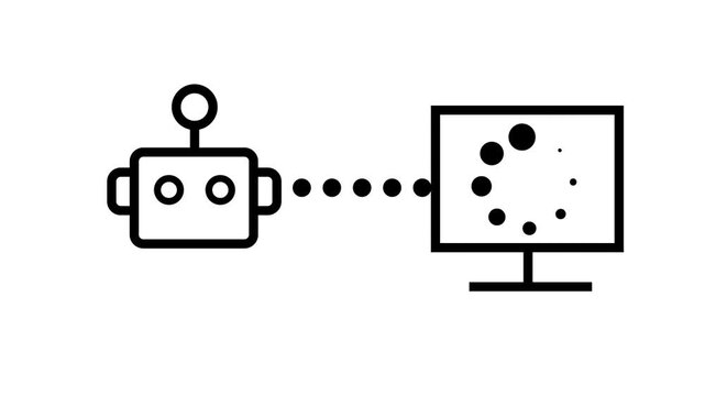 Animated line icon of a robot connected by dotted line to a computer monitor with loading spinner, black on white background, ideal for AI, automation, technology and chatbot concepts