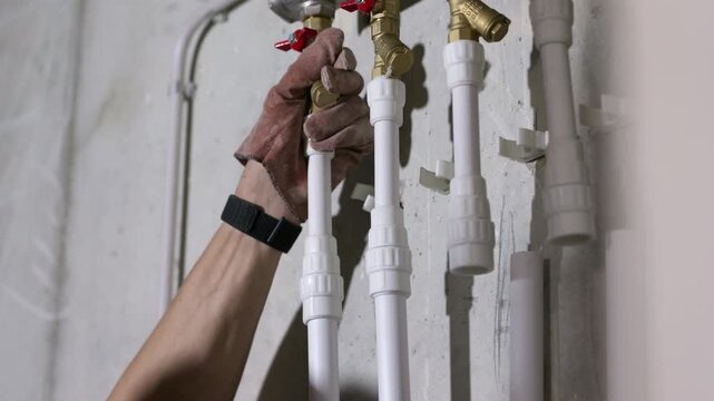 Worker soldering polypropylene water pipes during plumbing installation