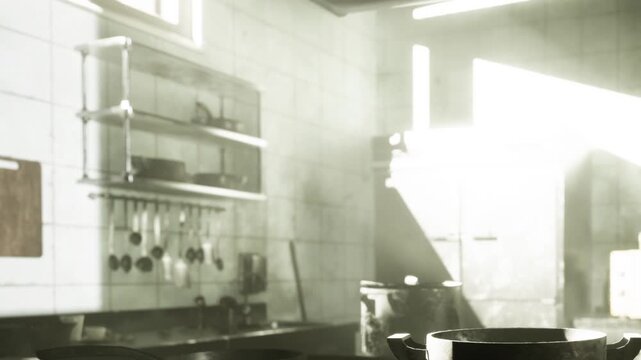 In a kitchen, sunlight shines through windows onto pots and utensils. The atmosphere is lively with steam rising from the cooking area. The preparation area is organized.