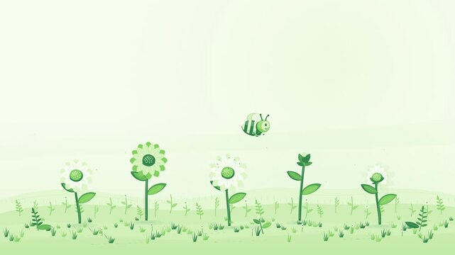 Animated cartoon bee flying and pollinating blooming flowers in green field