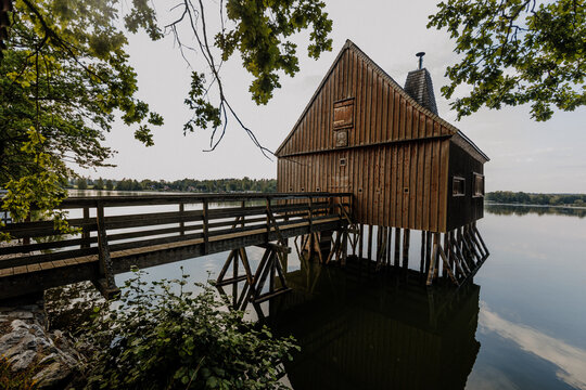Wooden hut on stilts at Plothener Teiche