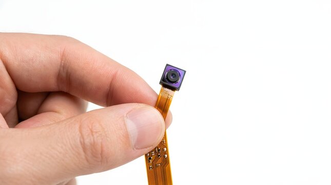 Close Up Hand Holding Small Camera Module on Flexible Ribbon