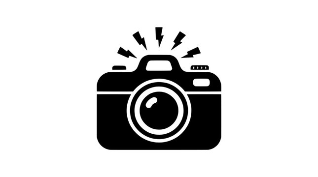 Black camera icon with lightning flash symbol isolated on white background, photography and media concept