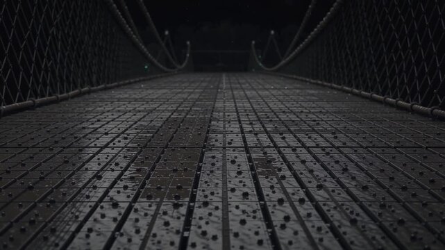 雨が降る夜の吊り橋と暗い森の背景動画