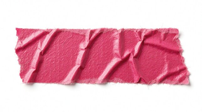 Ripped pink gaffer tape strip isolated on white background. Crumpled adhesive paper texture with rough edges. Bright magenta masking tape piece for creative design, collage, scrapbooking. Textured