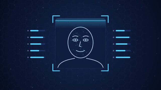 Face icon scanned with a facial mesh and analysis bars, then verified with a green shield checkmark. 4K loop for deepfake detection and AI security.