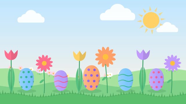 Colorful painted Easter eggs, tulips and daisies pop up from green grass under a sunny sky, sway and sink back. Flat seamless 4K spring loop.