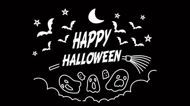 Vector animation of a "Happy Halloween" text doodle with ghosts, bats, and a broomstick on a black background
