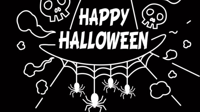 Vector animation of a "Happy Halloween" text doodle with ghosts, bats, and a broomstick on a black background