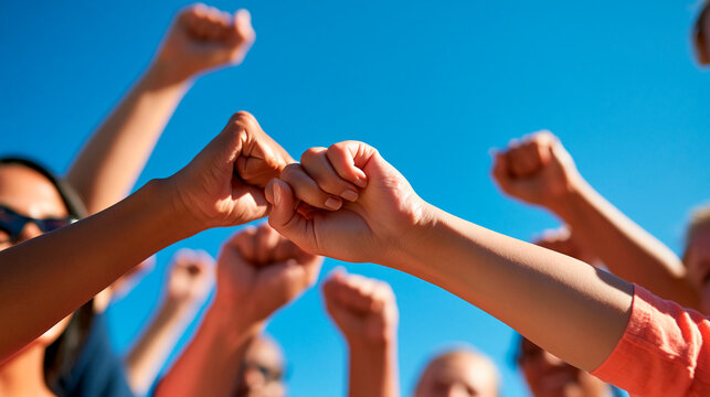 Faceless diverse people raising fists in a circle against a bright blue sky, with copy space