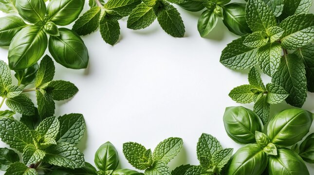 Fresh green herbs border with blank white space. Basil, mint leaves frame empty center. Organic culinary ingredients create natural layout for food menu, cooking recipes, wellness branding. Top view