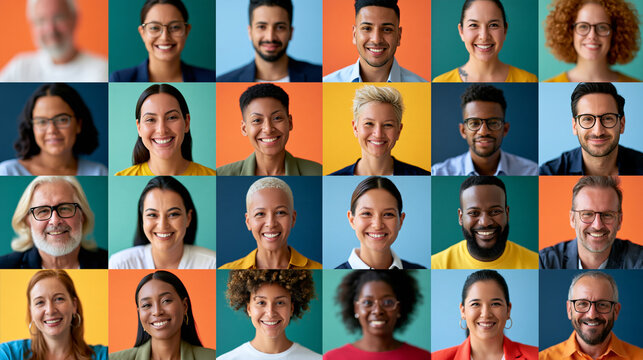 Colorful multiscreen display of sixty-four people from various ethnicities and age groups, all smiling, a lively and positive visual, with copy space