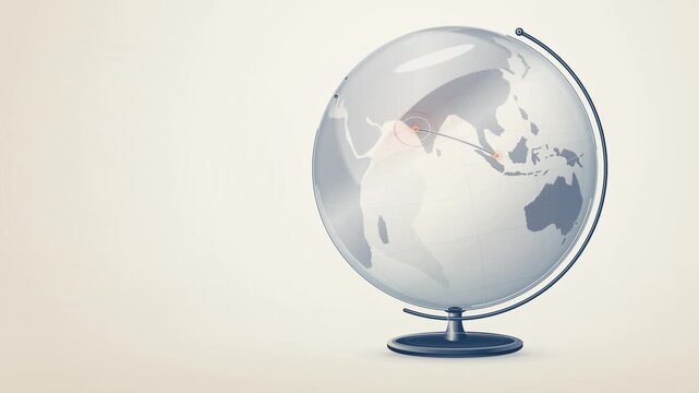 Rotating transparent globe with animated network connection lines and travel routes 3D animation