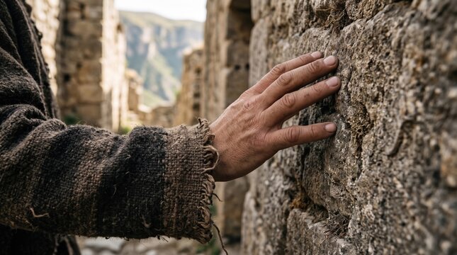 Close-up of a person's hand touching an ancient stone wall, historical architecture, texture detail