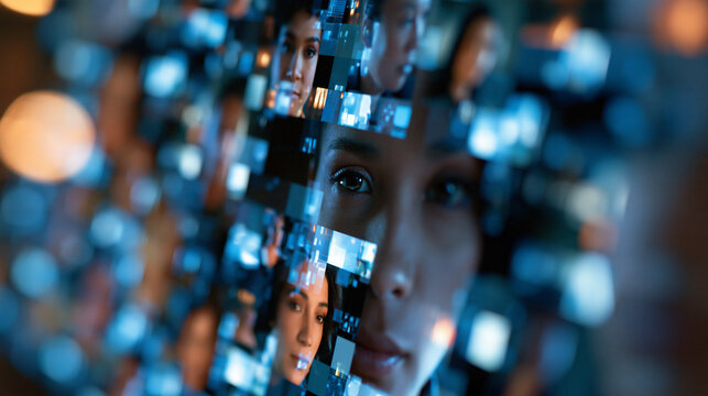 Composite human faces on a screen, animated mosaic portrait zooming out to a full collage, with copy space
