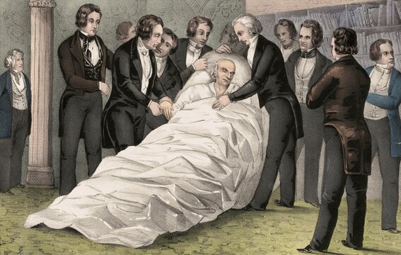 The sixth US president John Quincy Adams suffered a stroke at the Capitol in Washington, D.C. on February 21, 1848 and died there on his deathbed two days later. Adams collapsed directly in the plenary room of the House of Representatives, was carried to the speaker's office, where he was in a coma for two days and died on February 23, 1848, American history, authentic, digitally restored reproduction in high resolution from a 19th-century original, exact date of presentation unknown, historical