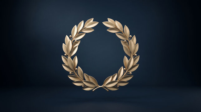 Golden laurel wreath symbol of victory and achievement on dark blue background