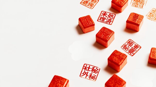 白背景に配置された複数の赤いハンコと印影のビジネス背景素材