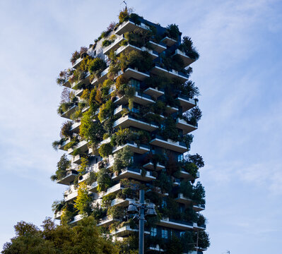 MILAN, ITALY - OCTOBER 18, 2026 - Bosco Verticale in Milan rising above the city with tree covered balconies and greenery