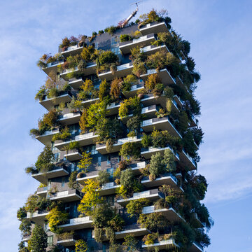 MILAN, ITALY - OCTOBER 18, 2026 - Bosco Verticale in Milan combining contemporary residential design with abundant greenery
