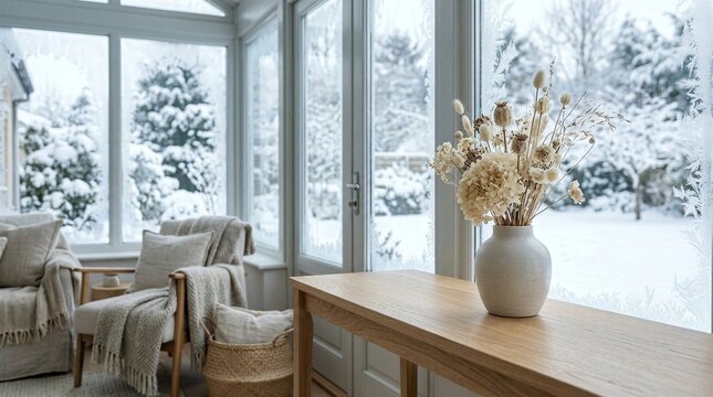 Cozy winter sunroom with dried flowers and snowy forest view