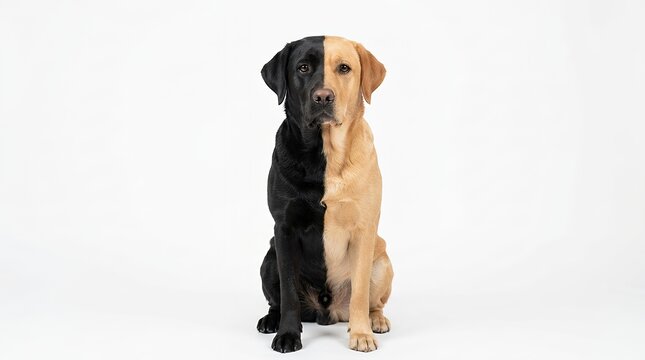 Studio portraitunique two toned labrador retriever dog displaying symmetrical golden and black coat split down center against clean solid isolated white backdrop showing expressive calm pet face