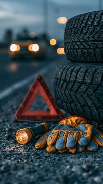 Medium shot featuring a lowangle flat lay of gloves warning triangle and flashlight arranged next to a flat tire on a deserted road moody dusk lighting and blurred distant