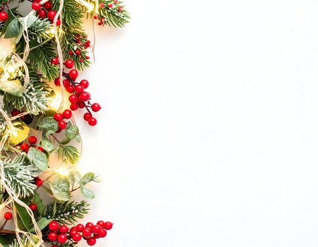 Christmas garland with berries and lights on a white background with copyspace