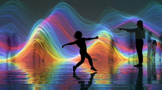 Child in midgesture manipulating colorful dynamic light waves on a massive interactive wall a science museum educator emphasizing control settings blurred visitors and reflective