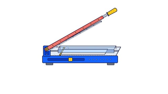 Compact Desktop Guillotine Paper Cutter Seamless Loop Cutting Arm Hinged Blade Spring Handle Paper Guide Safety Guard Electric Blue Golden Yellow Coral Red Gray Flat Vector Animation