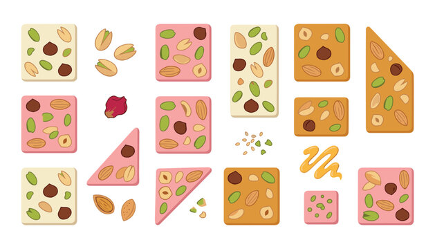 Assorted Gourmet Chocolate Bark and Nougat Candy Bar Vector Element Set with Pistachio Almond Hazelnut Ingredients for Sweet Confectionery Packaging Graphic Designs