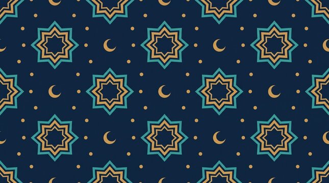 Seamless Ramadan Islamic geometric pattern teal and gold crescent stars background