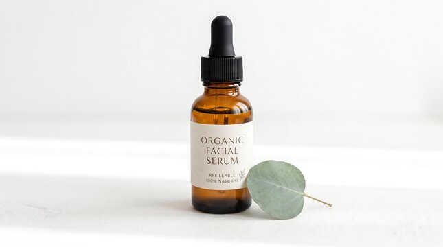 Amber glass dropper bottle with organic facial serum and eucalyptus leaf on minimalist sunlit surface